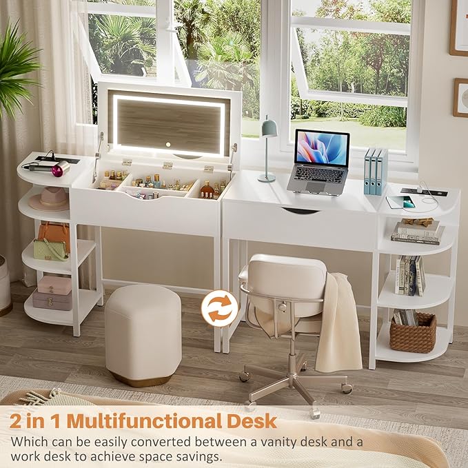 Cyclysio Vanity Desk with Flip Top Mirror and Lights, Makeup Vanity Desk with Drawers, Dressing Table with Storage Shelves & Charging Station, Small Vanity for Small Spaces, White