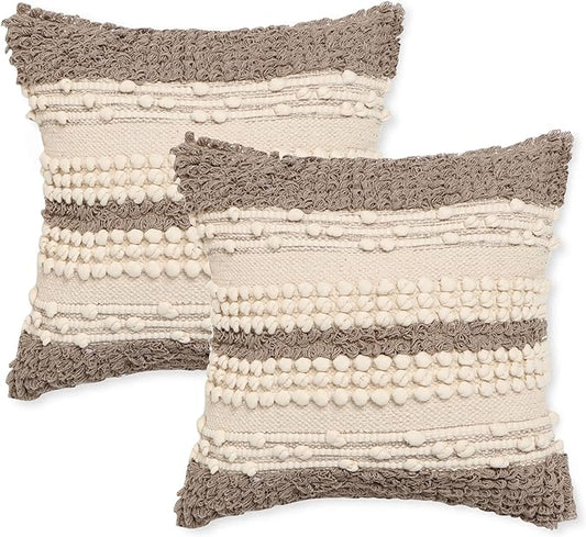REDEARTH · Boho Textured Throw Pillow Cases - Woven Tufted Decorative Farmhouse Cushion Covers Set for Couch - Sofa - Bed - Chair - Dining - Patio - Outdoor - 100% Cotton (18x18; Natural) Pack of 2