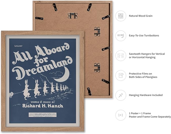 Poster Master All Aboard For Dreamland Poster - Retro Children's Lullaby Print - Story Book Art - Bunny Art - Rabbit Art - Aesthetic Art - Kid's Bedroom or Nursery Wall Decor, 8x10 Beige Framed