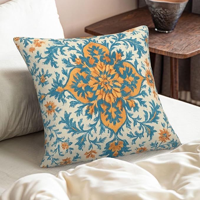 Light Orange Blue Boho Pillow Covers 18x18 Inch Set of 2 Bohemian Ethnic Carpet Pattern Floral Decorative Throw Pillows Fall Vintage Outdoor Cushion Covers for Sofa Bed Couch Living Room Decor