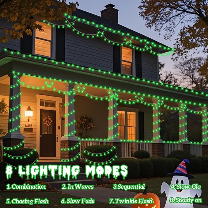QITONG 165ft 500 LED Green Halloween Lights Outdoor Waterproof, 8 Modes String Lights Indoor, Clear Wire Christmas Light Plug in