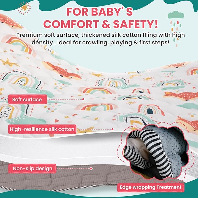 Baby Play Mat for Floor,50x50 Inch Soft Padding Crawling Mat for Playpen, Foldable and Machine Washable, Thick for Babies & Toddlers,Rainbow Fox