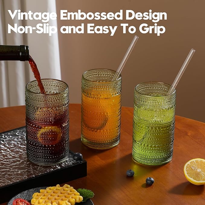 AkutaaVintage Hobnail Drinking Glasses Set of 6, 16 oz Large Capacity Embossed Green Tumblers, Highball Glasses for Water, Cocktail, Beer, Whiskey, Kitchen & Bar Use