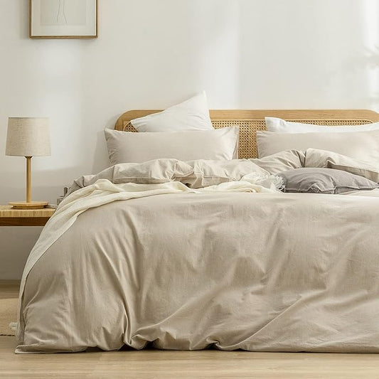 BESTOUCH Duvet Cover Set 100% Washed Cotton Linen Feel Super Soft Comfortable Chic Lightweight 3 PCs Home Bedding Set Solid Almond Milk Grey Full/Double