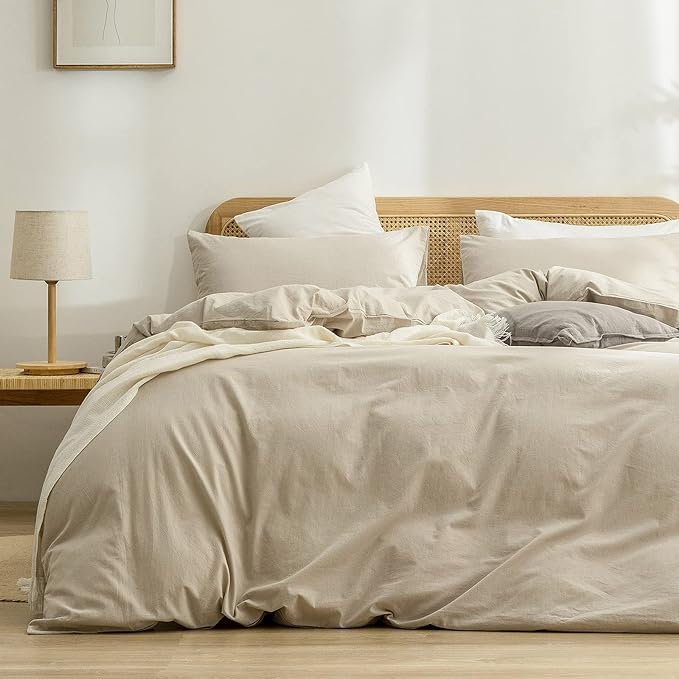 BESTOUCH Duvet Cover Set 100% Washed Cotton Linen Feel Super Soft Comfortable Chic Lightweight 3 PCs Home Bedding Set Solid Almond Milk Grey Oversized Queen