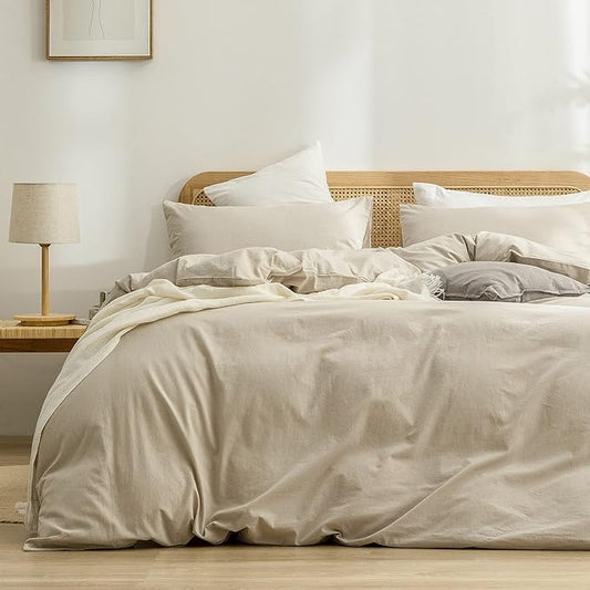 BESTOUCH Duvet Cover Set 100% Washed Cotton Linen Feel Super Soft Comfortable Chic Lightweight 3 PCs Home Bedding Set Solid Almond Milk Grey Oversized Queen