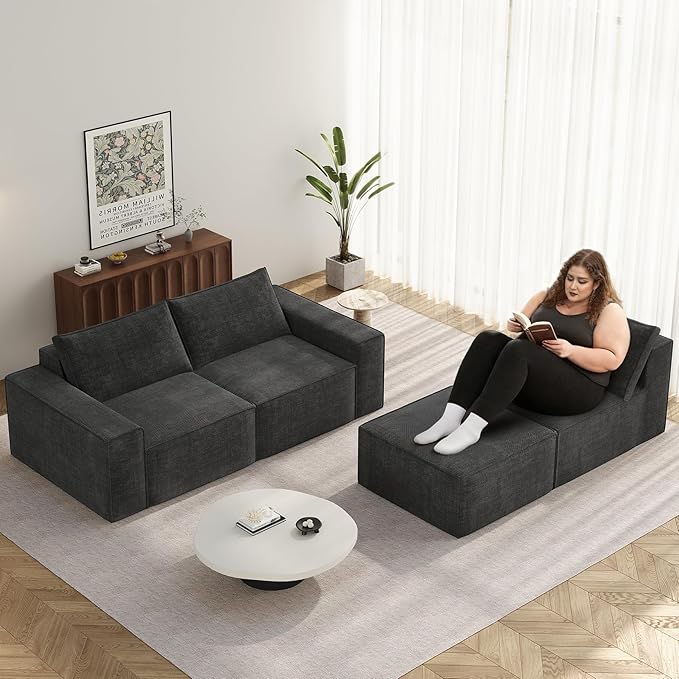 Vesgantti 114" Modular Sectional Boneless Couch, Modern 3 Seater Sofa with Ottoman & Deep Seat, Convertible Chenille L Shaped Cloud Couches for Living Room, No Assembly Required, Dark Grey