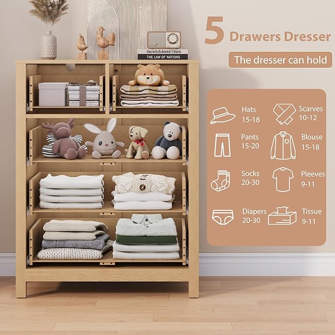 GarveeHome Natural Oak 5 Drawer Dresser for Bedroom, Modern Tall Dresser Organizer with Storage Drawers, Wooden Chests of Drawers for Bedroom, Entryway, Hallway, Home Office