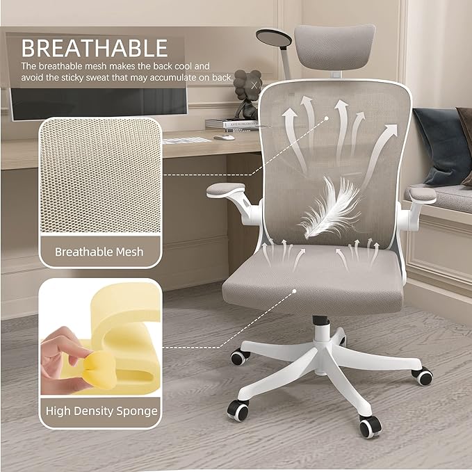 Monhey Office Chair Ergonomic Desk Chair with Lumbar Support&Headrest&Flip-up Arms Height Adjustable Rocking Swivel High Back Computer Chair Warm Taupe Mesh Study Chair (02White+Khaki)