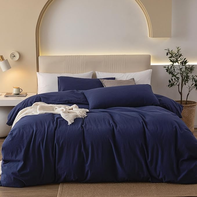 JIYUAN 100% Washed Cotton Duvet Cover Set 3 Pieces Queen, 1 Duvet Cover 90x90 Inches(Comforter Not Included) and 2 Pillowcases,Linen Feel Bedding Set Comfy and Breathable,Navy Blue