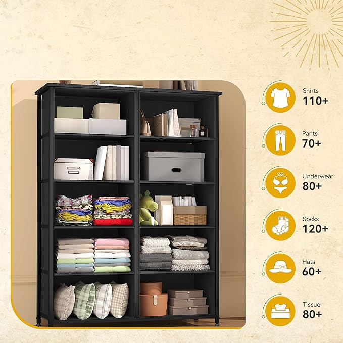 DWVO 10 Drawers Dresser, Fabric Dresser, Fabric Storage Tower, Organizer Unit for Bedroom, Living Room, Hallway, Closets