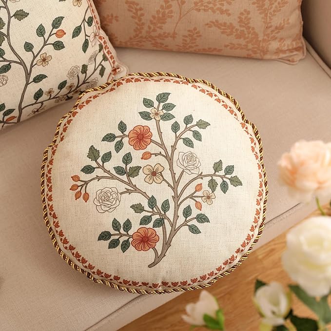 Design Linen Classic Throw Pillow Covers Diameter 16" Pack of 2, French Farmhouse Round Cushion Covers with Orange White Floral Pattern Decor Pillowcases for Bed,Living Room,Outdoor,Car