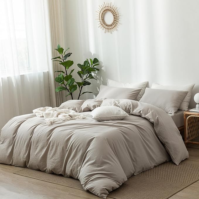 MooMee Bedding Duvet Cover Set 100% Washed Cotton Linen Like Textured Breathable Durable Soft Comfy (Heathered Cream Grey, Super King Plus 120"x120")