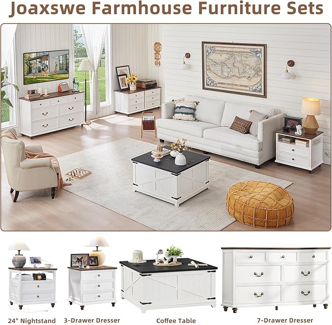 Farmhouse 7 Drawers Dresser for Bedroom, White 54 Inch Wide Chest of Drawers w/ 4 Wooden Legs, Large Vintage Rustic Closet Dressers for Living Room, Wood TV Stand with Storage Organizer