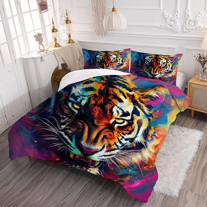Tiger Print Bedding Set Full for Kids Boys Tie Dye 3D Animal Print Bedding Comforter Cover Wildlife Tiger Theme Bedding Set Microfiber 3 Pcs with 1 Comforter and 2 Pillowcases
