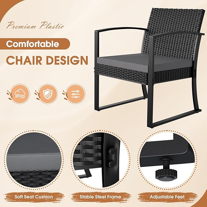 Homall Resin 3 Pieces Patio Furniture Set, Outdoor Bistro Set with Cushions and Glass Table, Conversation Set Rattan Chair for Porch, Balcony, Poolside, Garden (Grey)