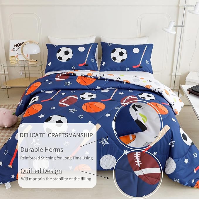 RYNGHIPY Kids Sports Theme Bedding Set, Basketball Football Baseball Tennis Print Comforter Set for Teens Boys Girls, Super Soft Lightweight (Balls,Twin)