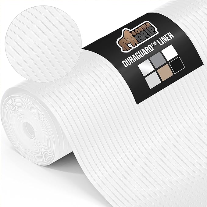 GORILLA GRIP DuraGuard Shelf Liner, 17.5x30 Non-Adhesive Cabinet Liners for Kitchen Drawers, Shelves, Refrigerator, Pantry Storage, Bathroom Closet, Durable Waterproof BPA Free Ribbed Plastic, White