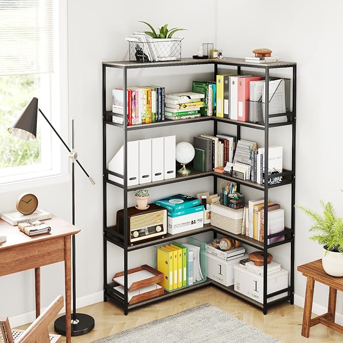 Tangkula Large Corner Bookshelf, 90 Degrees 5-Tier Industrial Wood Open Corner Bookcase for Small Spaces, Heavy-Duty Metal Frame, 71”H L-Shaped Storage Display Rack for Living Room (Oak)