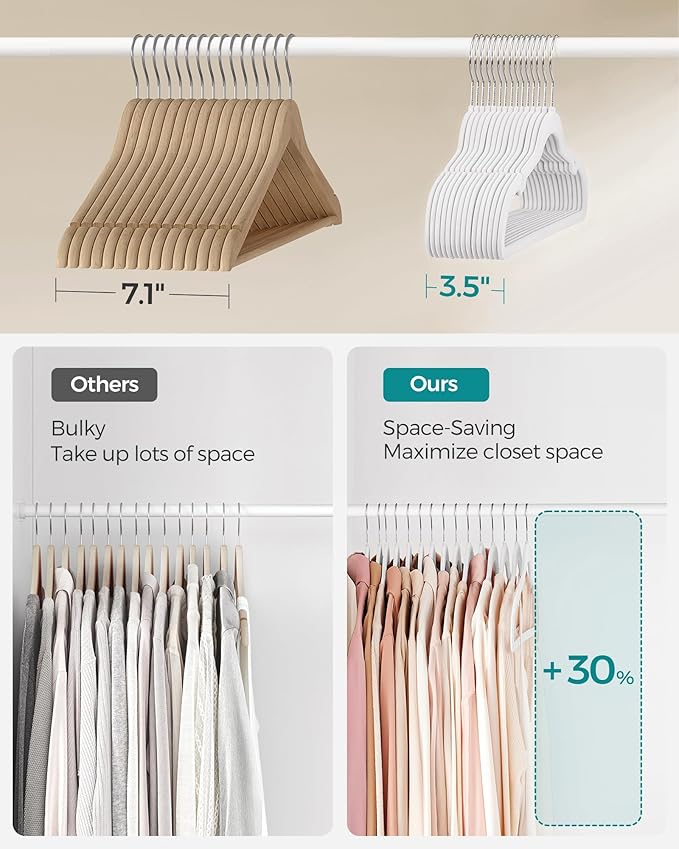 SONGMICS Velvet Hangers 60 Pack, Non-Slip Clothes Hangers, Suit Hangers with Shoulder Notches, Pants Bar, 360° Swivel Hook, Space-Saving, for Closet, Cloud White UCRF030W01