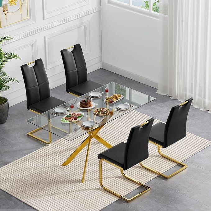 Modern Glass Dining Table Set for 4, Gold Glass Kitchen Table and Chairs Set of 4, 5 Piece Dining Room Table Set with 61" Rectangular Metal Glass Dinner Table and 4 Black Leather Dining Chairs