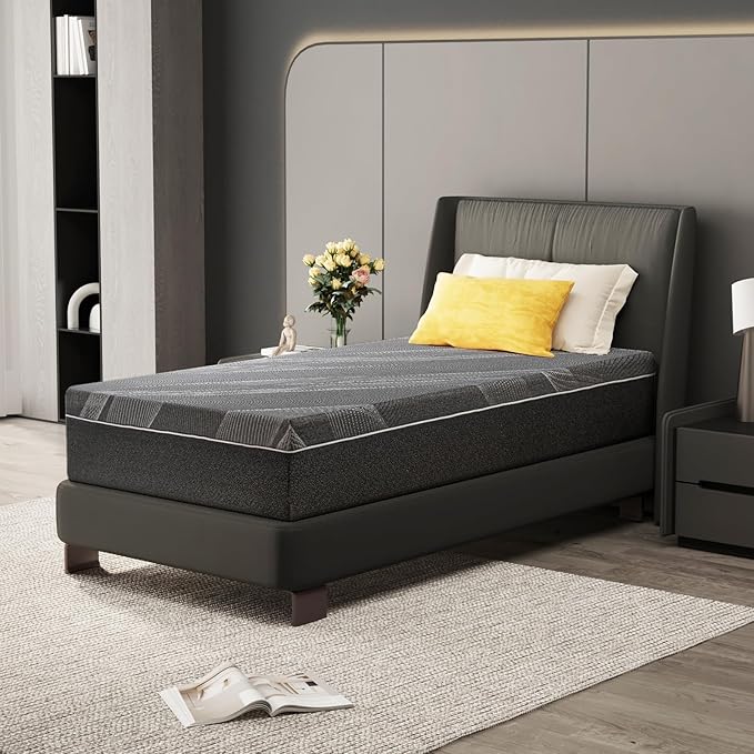 Twin Mattress 10 Inch Charcoal Gel Memory Foam Mattress in a Box, CertiPUR-US Certified, Fiberglass Free Cooling Mattress, Twin Size Mattress for Kids, 75" × 38" × 10", Medium