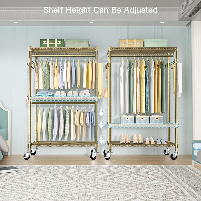 FUTASSI P1 Rolling Clothes Rack, Movable Metal Garment Closet Organizer with Lockable Wheels, Clothing Wardrobe with Double Hanger Rods and Hooks, 35.4" W x 15.7" D x 80.5" H, Load 450lbs, Gold