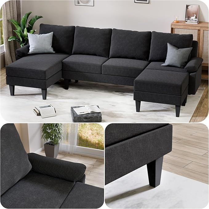 FONTOI 115 Inch U Shaped Sectional Couch with Chaise, 5-Seat Sofa with Moveable Ottoman, Modern Modular Sofa for Living Room, Apartment, Black