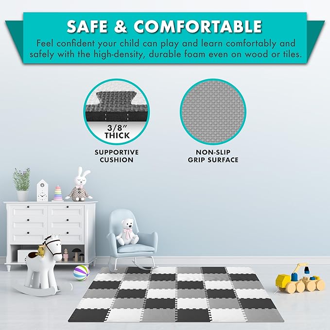 ProSource Foam Puzzle Floor Play Mat for Kids and Babies with Solid Colors, 36 or 16 Interlocking Tiles with Borders, Black/Grey/White