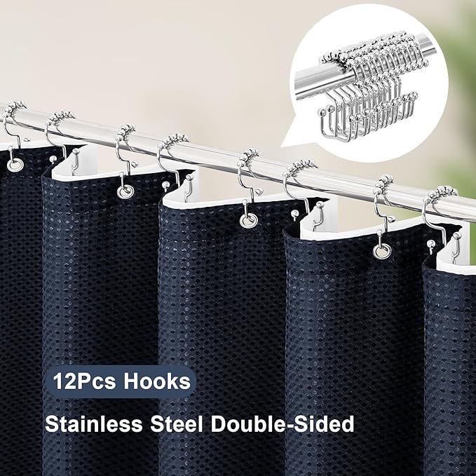 3 in 1 Extra Long Navy Blue Shower Curtain Set-72 W x 84 H, Modern Waffle and PEVA Liner Set with 12 Stainless Steel Hooks, Waterproof Fabric for Bathroom