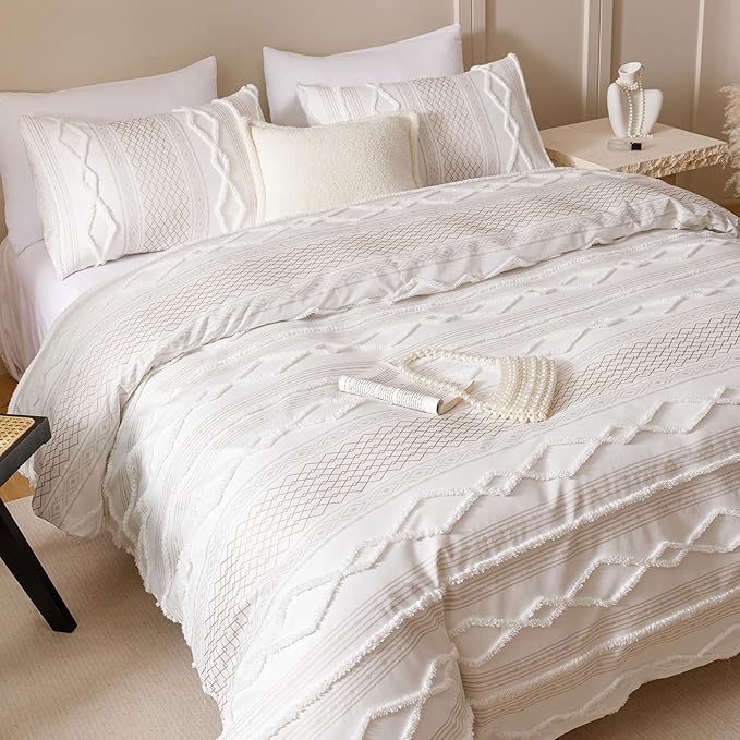 Boho Beige Comforter Full Set Striped Comforter 3 Pieces Tufted Geometric Bedding Set Soft Fluffy Geometric Pattern Bedding for All Seasons