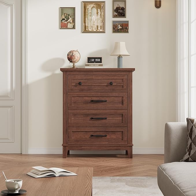 GarveeHome 4 Dresser for Bedroom, 34.8" Tall Vertical Drawer Dresser with Large Storage, Freestanding Wooden Closet Chest for Bedroom, Living Room, Walunt