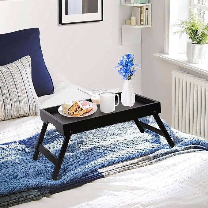 Bed Tray Table for Eating with Folding Legs, Bamboo Breakfast Table in Bed for Eating on Couch, Bed, Laptop Computer Tray(Black, Medium)