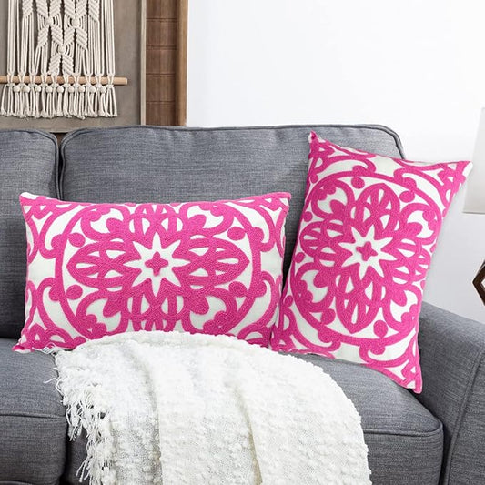 Alysheer Embroidered Lumbar Decorative Throw Pillow Covers 12"x 20" Set of 2, Classic Boho Mandala Embroidery Pattern Cotton Rectangular Cushion Case for Sofa Couch Bed Living Room(Bright Hot Pink)