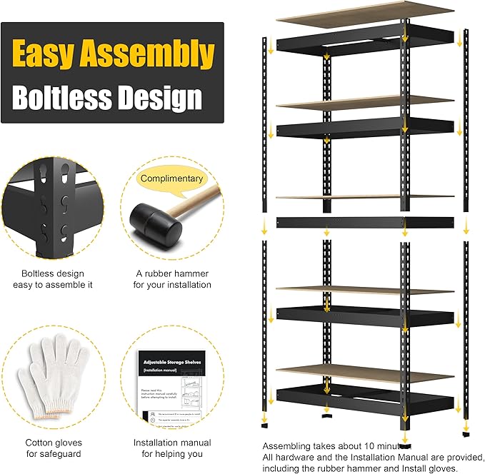 PrimeZone Storage Shelves 4 Packs 5 Tier Adjustable Garage Storage Shelving, Heavy Duty Metal Storage Utility Rack Shelf Unit for Warehouse Pantry Closet Kitchen, 35.5" x 15.75" x 71", Black