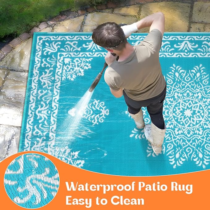 Yamaziot Outdoor Rug 9x12 Ft, Waterproof Plastic Straw Patio Rug, Reversible Backyard Carpet UV Resistant Portable RV Mat Clearance, Large Indoor Outdoor Rug for Patio, Porch, Deck, Balcony, Teal