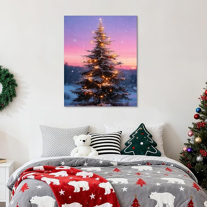 Framed Christmas Pictures Wall Decor,Vintage Pine Tree Prints,Winter Christmas Canvas Wall Art Decoration for Bedroom Bathroom Living Room Rustic Xmas Holiday Gifts (Christmas Tree 12, 16'' X 24'')