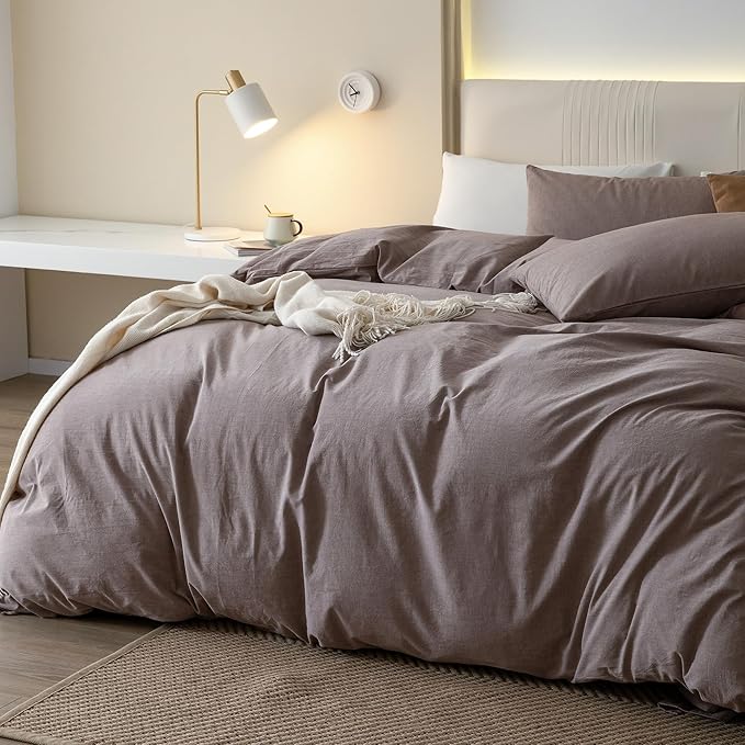 JIYUAN 100% Washed Cotton Duvet Cover Set 3 Pieces Cal King, 1 Duvet Cover 104x98 Inches(Comforter Not Included) and 2 Pillowcases,Linen Feel Bedding Set Comfy and Breathable, Heathered Mauve Brown