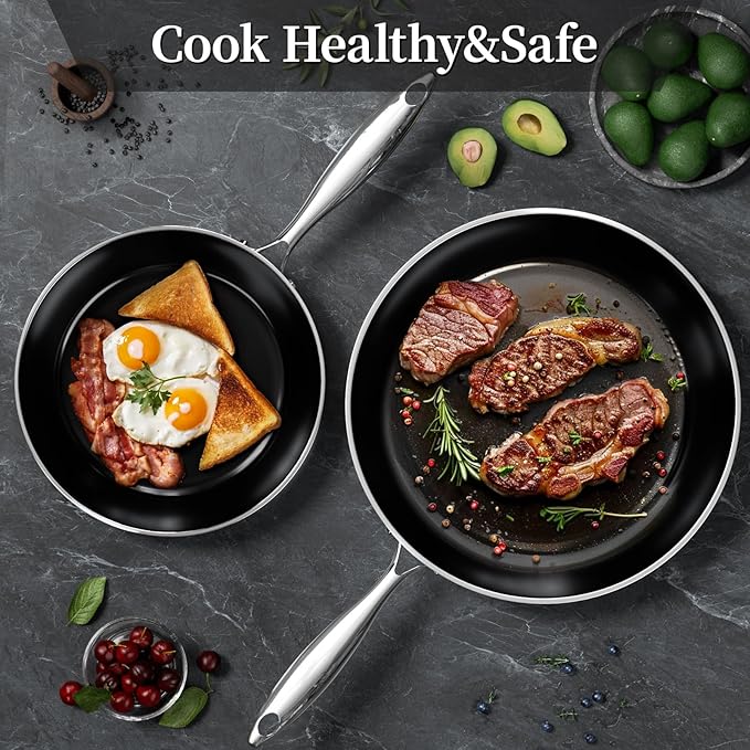 Stainless Steel Frying Pan Set with Lid 8.6inch and 12inch Titanium Ceramic Nonstick Frying Pan Kitchen Cookware Set Skillet with Stay-Cool Handle Non Toxic PFOA Free Suitable for All Stove