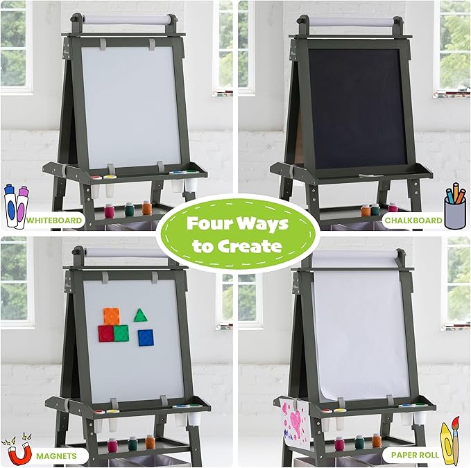 Little Partners Deluxe Learn 'N Play Toddler Easel for Kids, Two-Sided Art Center with Chalkboard, Magnetic Dry Erase Whiteboard, Paper Feed, Storage Bins, Paint Containers (Olive Green)