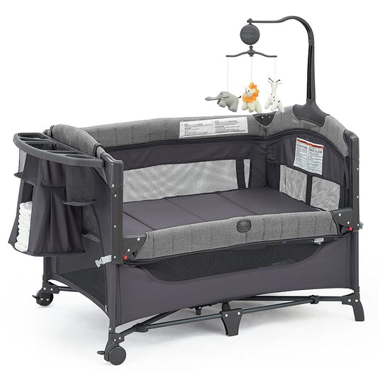 Baby Bedside Bassinet Sleeper,5-in-1 Pack and Play with Full-Size Bassinet,Baby Playard with Changing Table,Storage Shelf,Music Mobile with Soft Toys for Newborn to Toddlers (Grey)