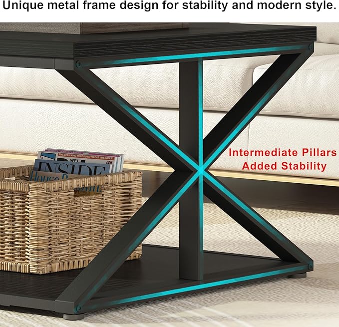 Launica Modern Coffee Table with Storage, Farmhouse Living Room Table, Minimalist Rectangle Center Table, Industrial Vintage Wood Tea Table, 47 Inch, Black Oak