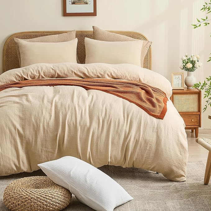 MEISHANG Muslin Duvet Cover Queen Size - 100% Organic Cotton, Soft Textured Gauze Weave Comforter Cover for Breathable All-Season with Zipper Closure - 3 Piece Set (Queen, Linen)