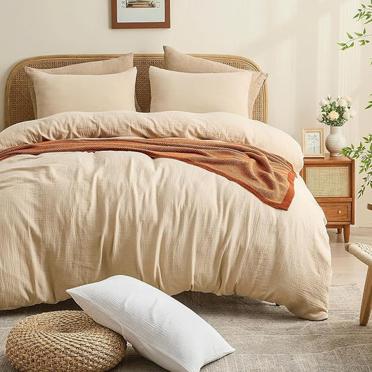 MEISHANG Muslin Duvet Cover Queen Size - 100% Organic Cotton, Soft Textured Gauze Weave Comforter Cover for Breathable All-Season with Zipper Closure - 3 Piece Set (Queen, Linen)
