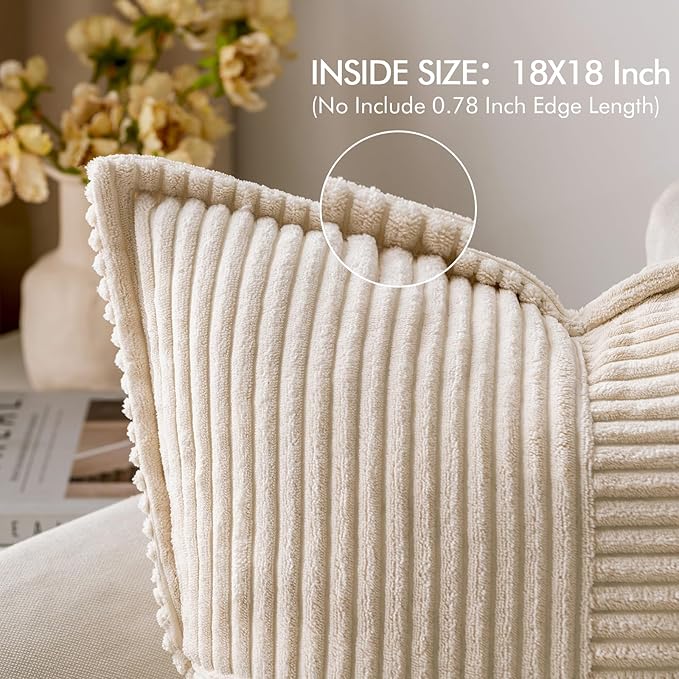 MIULEE Decorative Throw Pillow Covers for Couch Bed Livingroom 18x18 Inch Set of 2 Beige Boho Accent Throw Pllows Broadside Striped Patchwork Soft Corduroy Pillowcases