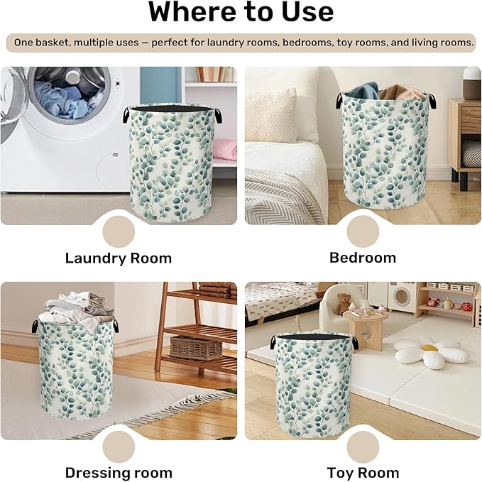 Sage Green Plant Large Clothes Hamper Bag - Laundry Basket with Handles, Space Saving Foldable Design for Nursery