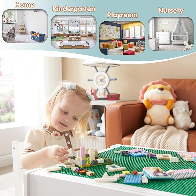 Kids Table and Chair Set, 4 in 1 Wooden Activity Table with Bookshelves and Storage Drawer, 2 in 1 Detachable Tabletop Construction Play Table Set for Drawing, Reading, Build Blocks