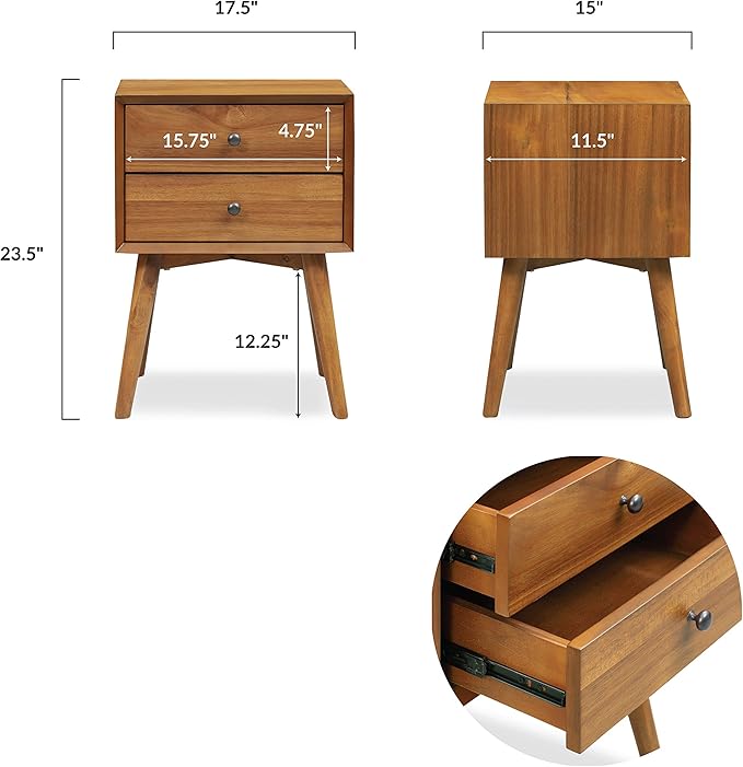 Edgemod Mid-Century Modern Nightstand – Solid Wood Bedside Table with 2 Drawers, Acorn Walnut Finish, 23.5" Tall