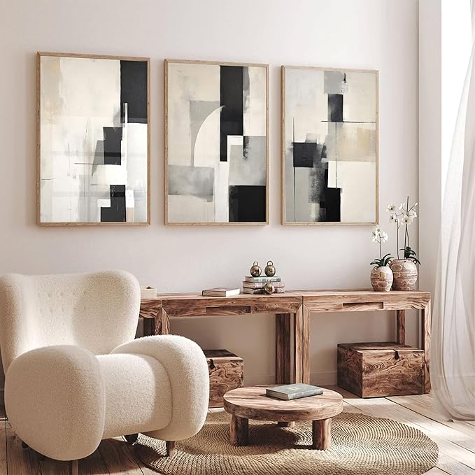 3Pcs Neutral Abstract Canvas Wall Art Pictures Modern Minimalist Posters Prints Beige Black Simple Wall Decoration for Living Room Bedroom Bathroom Office 16x24in Unframed