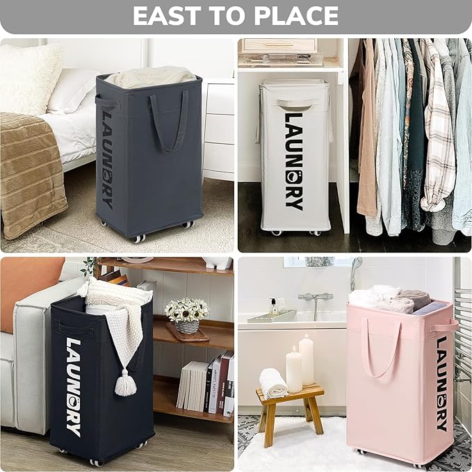 Goodpick Laundry Basket with Wheels, 75L Laundry Hamper, Dorm Room Essentials with Removable Wash Bag for Laundry Room, Rolling Laundry Basket with Handles, Grey